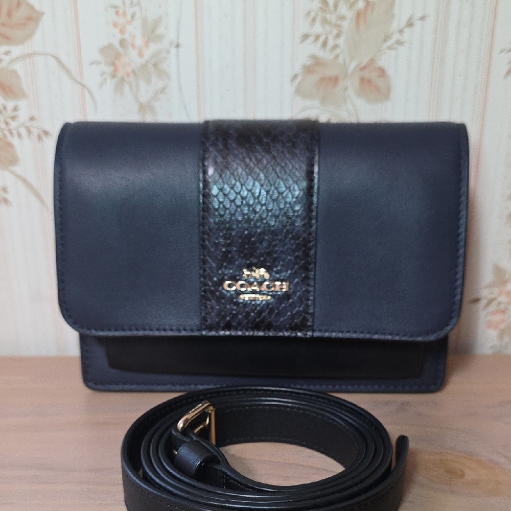 Coach Black Leather Belt Bag with Snakeskin Accent